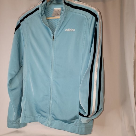 Adidas women's track jacket - light blue/black/white - size M - gently worn - Picture 4 of 7
